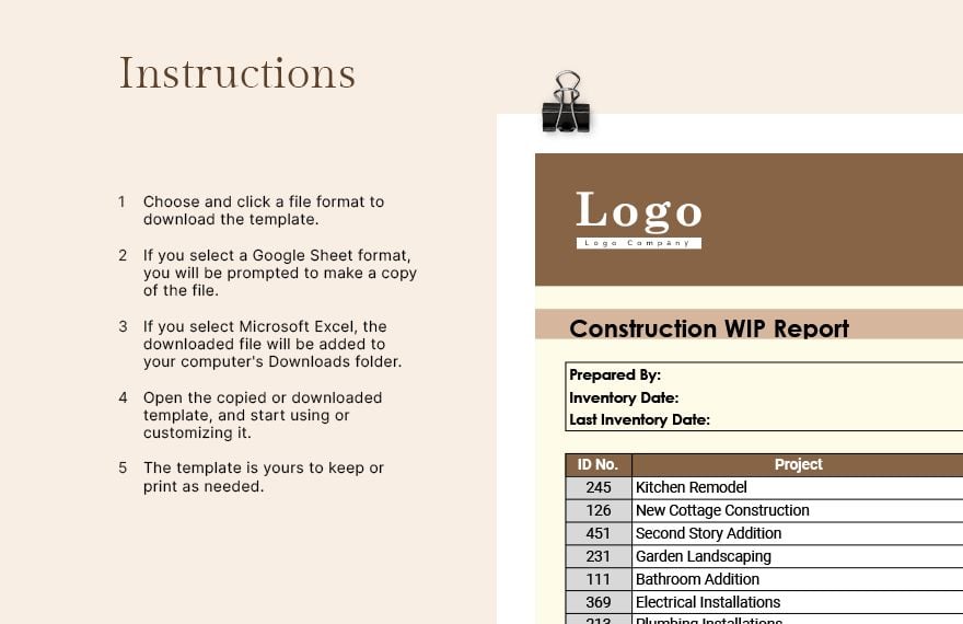Construction WIP Report Template Download in Excel, Google Sheets