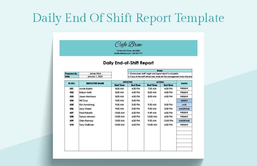 Daily End of Shift Report Template in Excel, Google Sheets - Download | Template.net