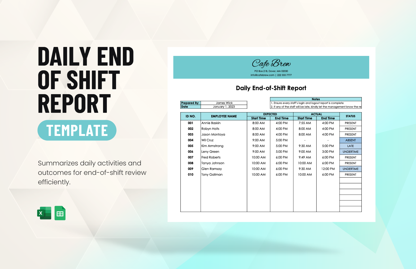 Daily End of Shift Report Template
