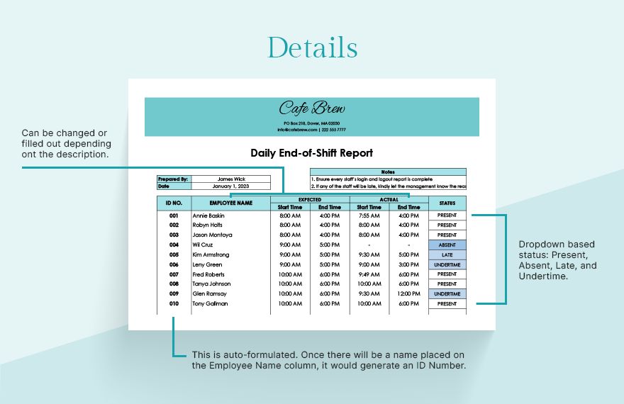 Daily End of Shift Report Template