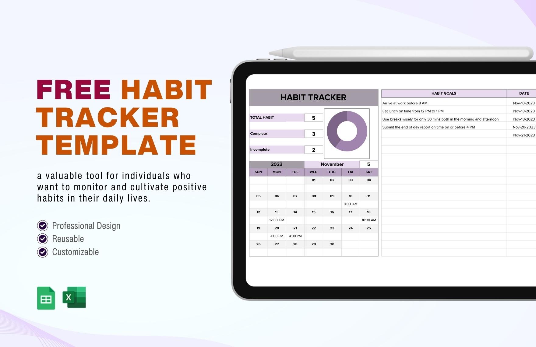 Habit Tracker Template in Excel, Google Sheets