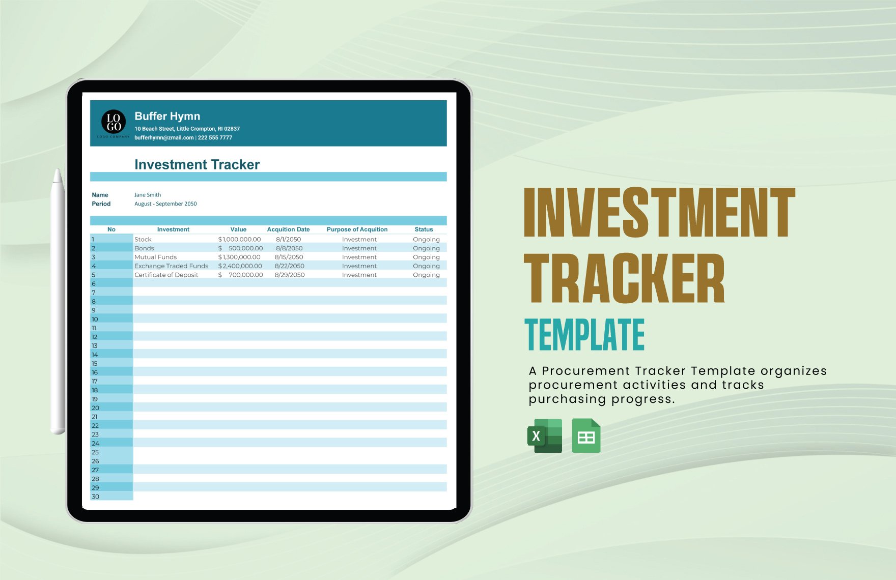 Investment tracker Template in Excel, Google Sheets
