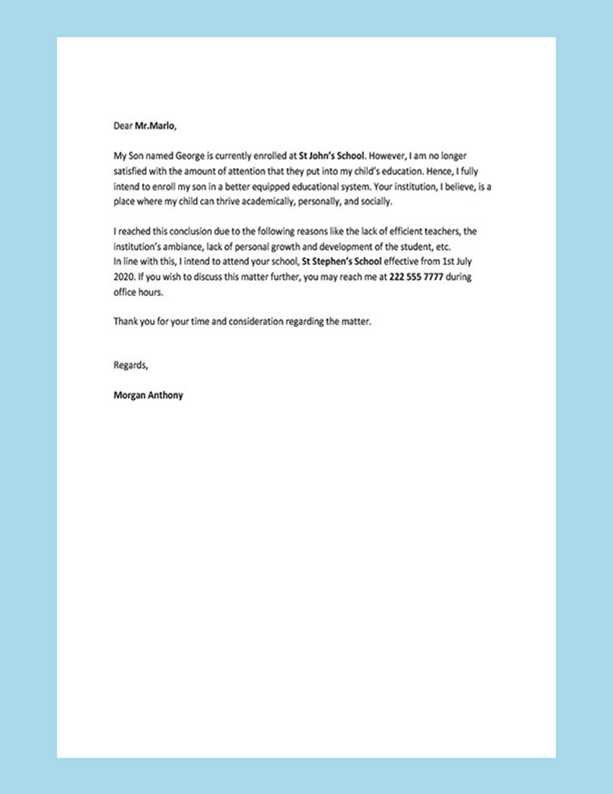Letter Template of Intent for School