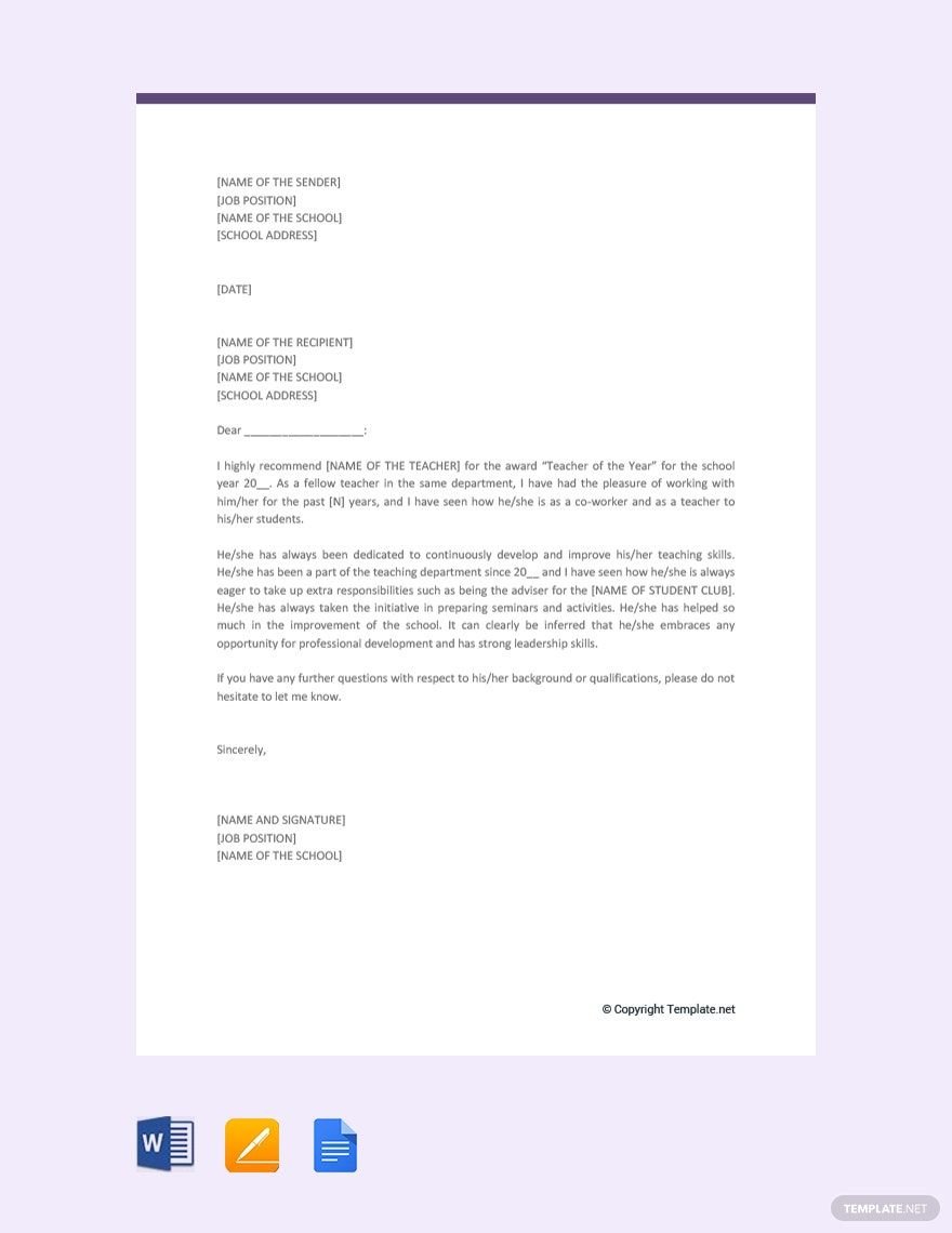 Letter of Recommendation for Teacher of the Year Template
