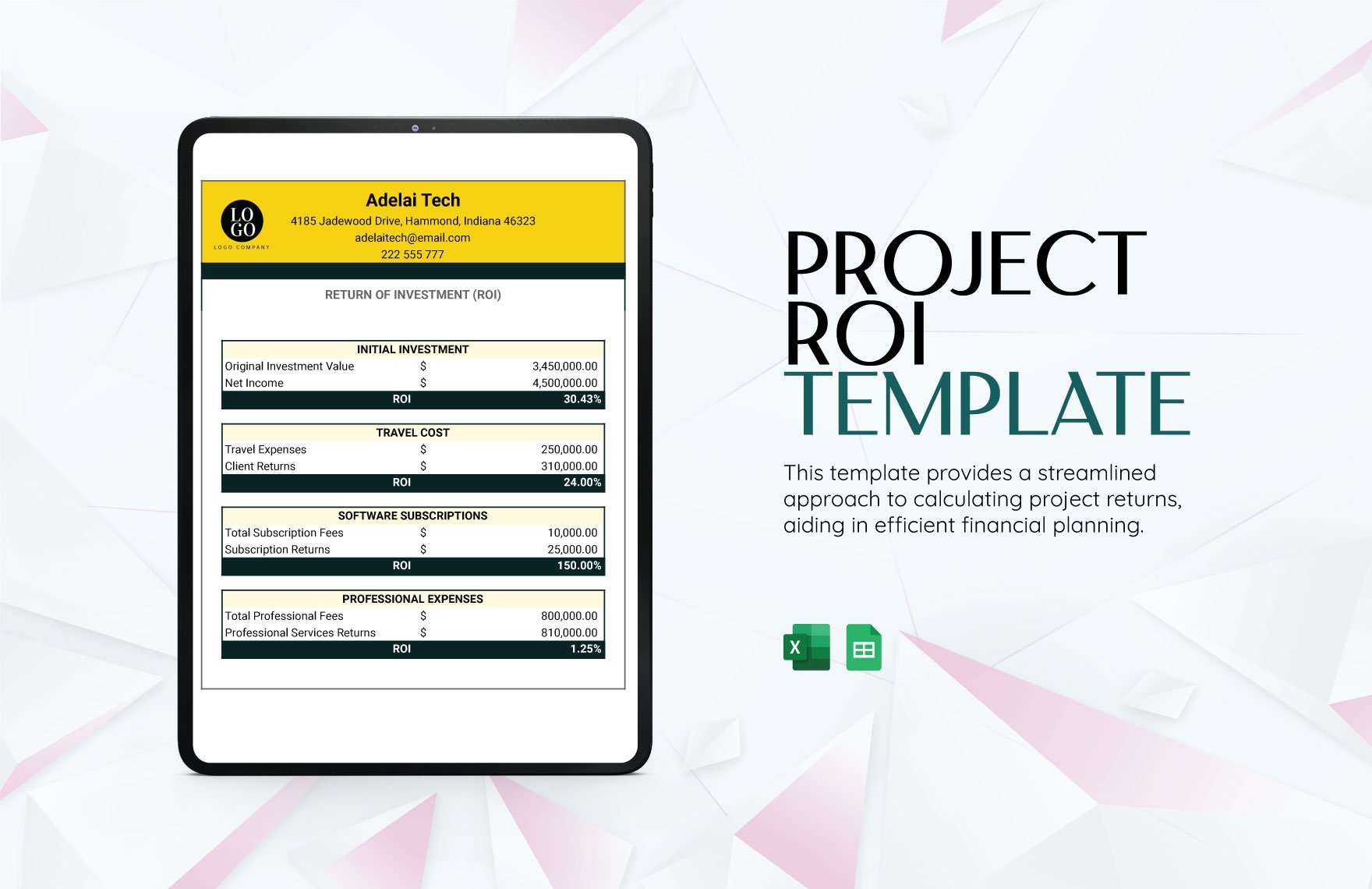 Project ROI Template in Excel, Google Sheets