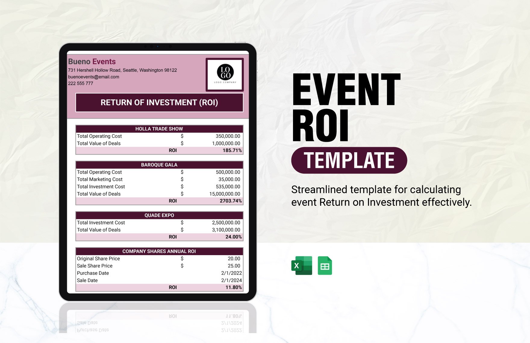 Event ROI Template in Excel, Google Sheets