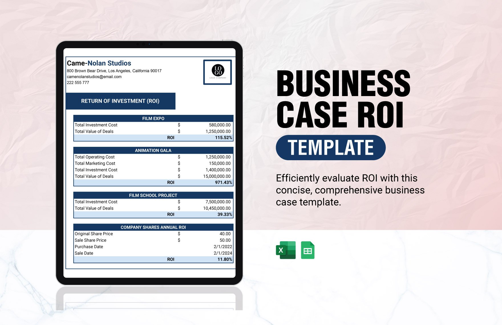 Business Case ROI Template in Excel, Google Sheets