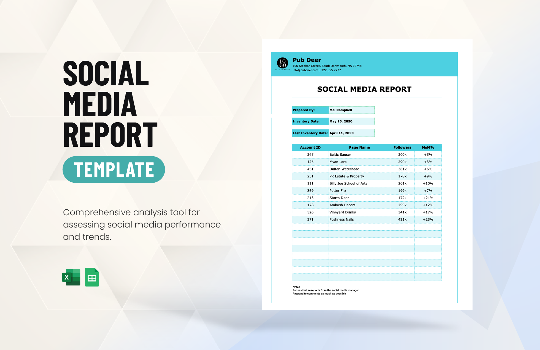 Social Media Report in Excel, Google Sheets