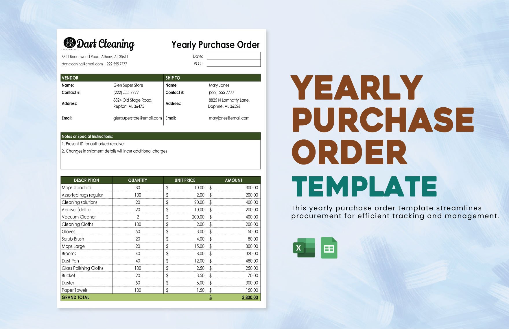 Yearly Purchase Order Template