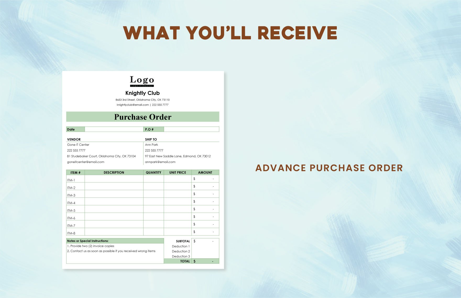 Advance Purchase Order Template