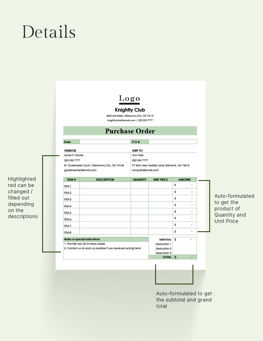 Advance Purchase Order Template Google Sheets, Excel