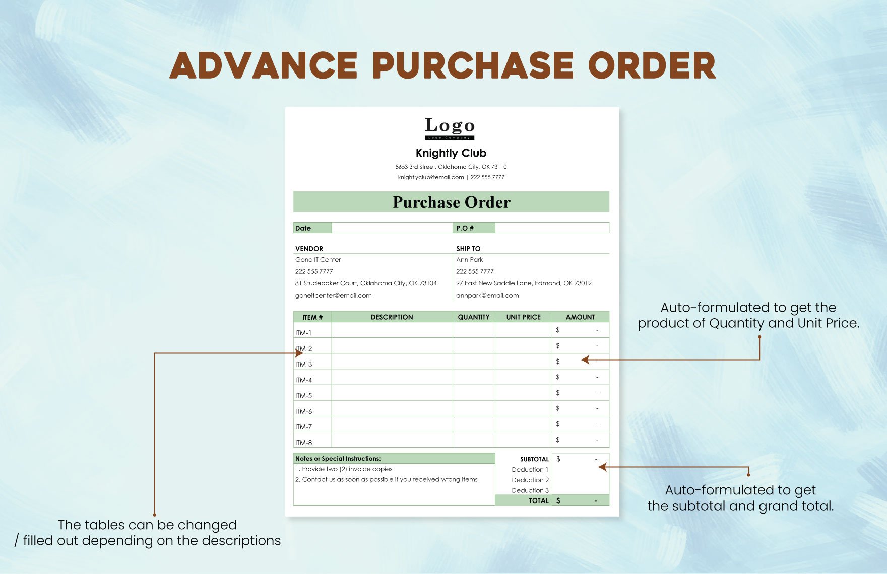 Advance Purchase Order Template