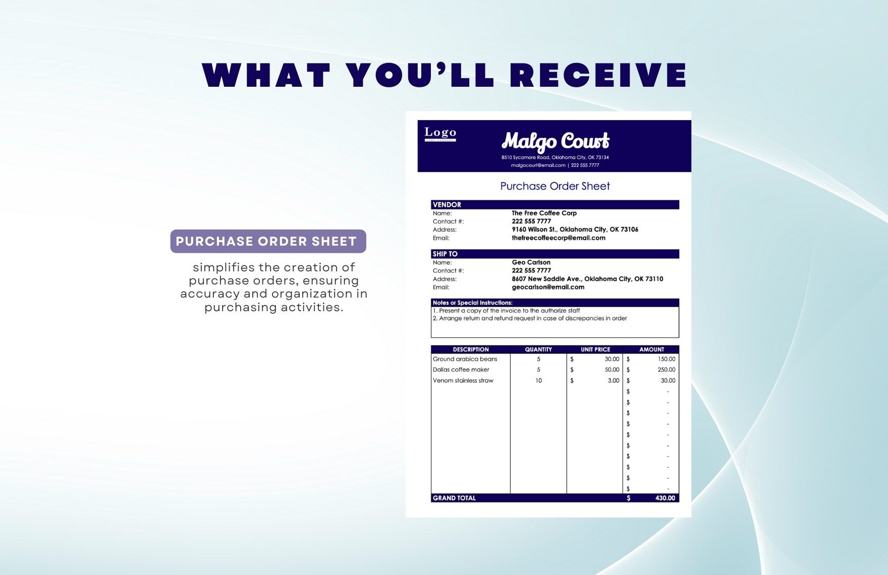 Purchase Order Sheet Template