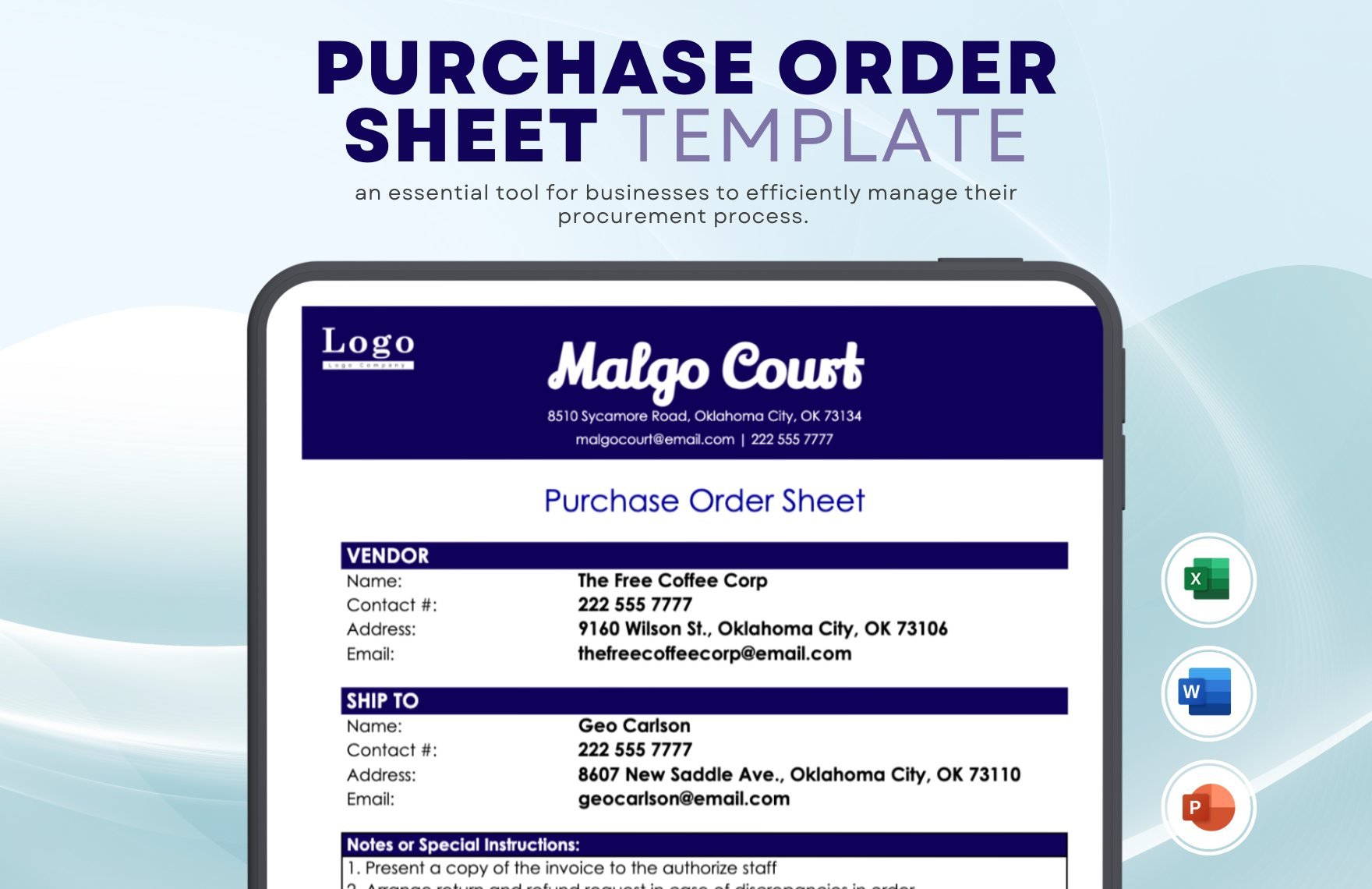 Free Purchase Order Sheet Template in Excel, Google Sheets, PowerPoint