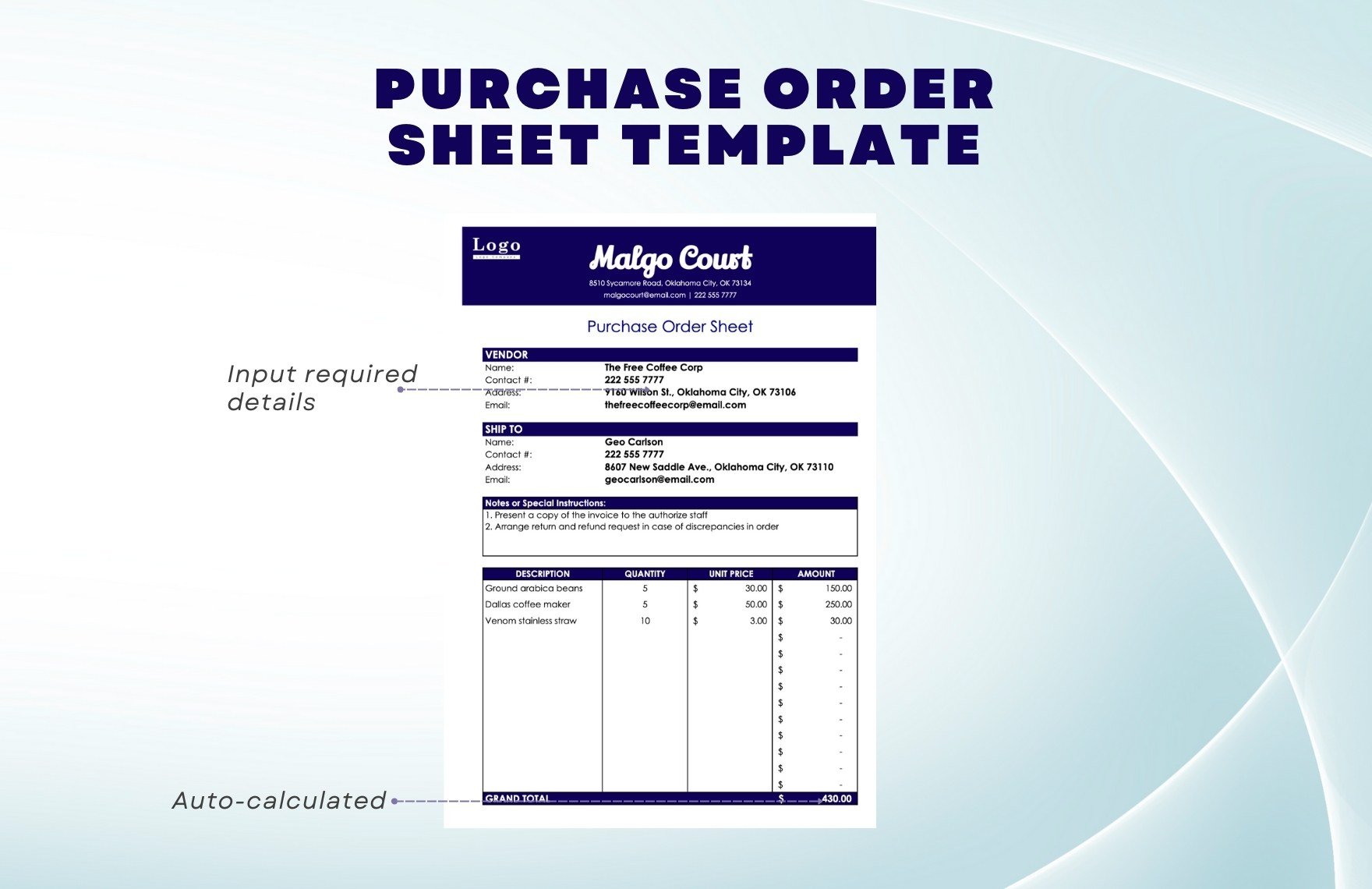 Purchase Order Sheet Template
