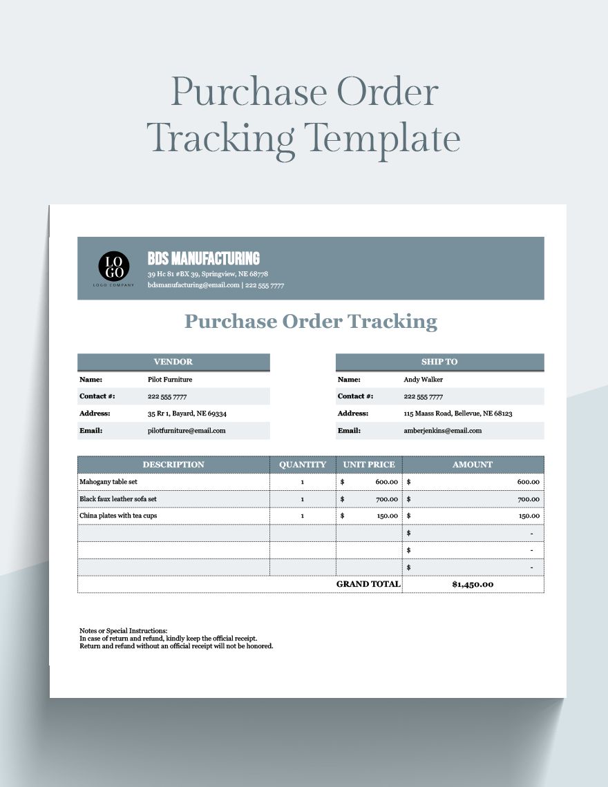 Purchase Order Tracking Template Google Sheets, Excel