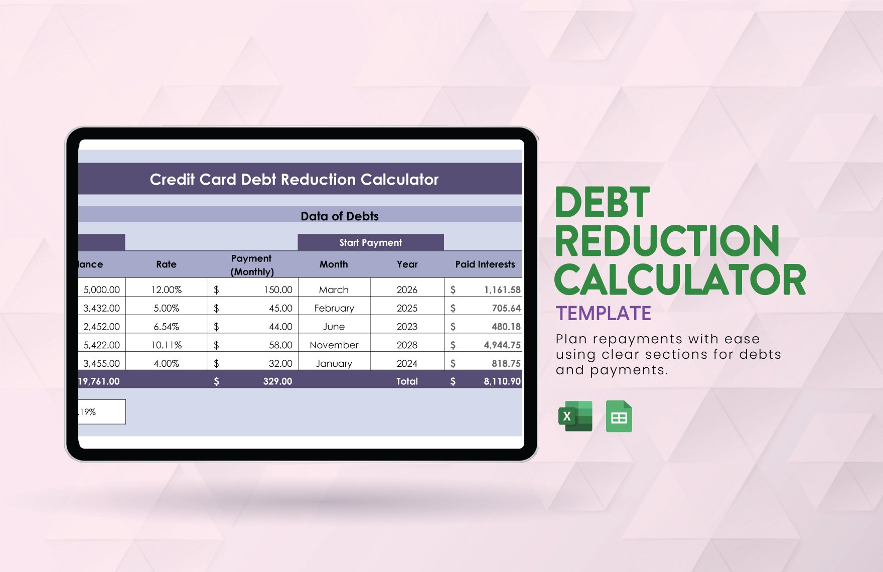 Debt Reduction Calculator Template in Excel, Google Sheets