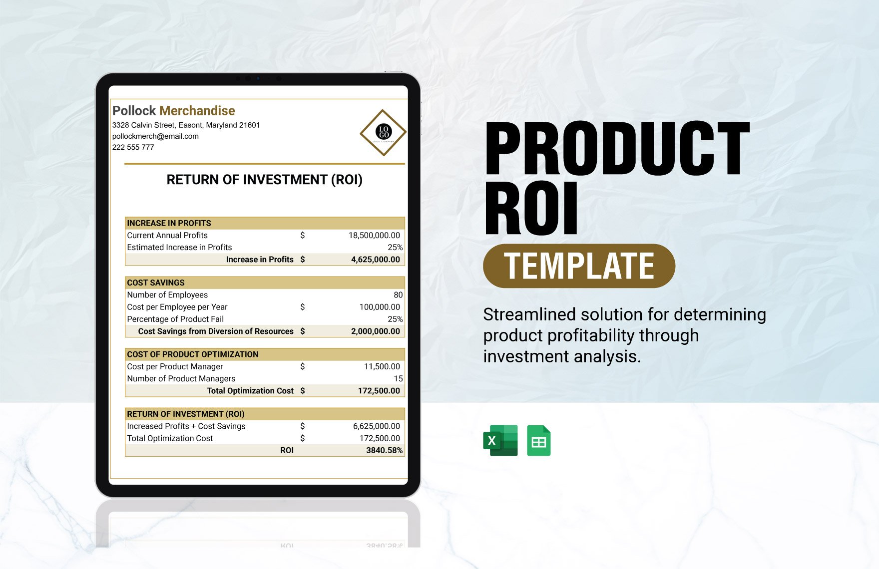 Product ROI Template in Excel, Google Sheets