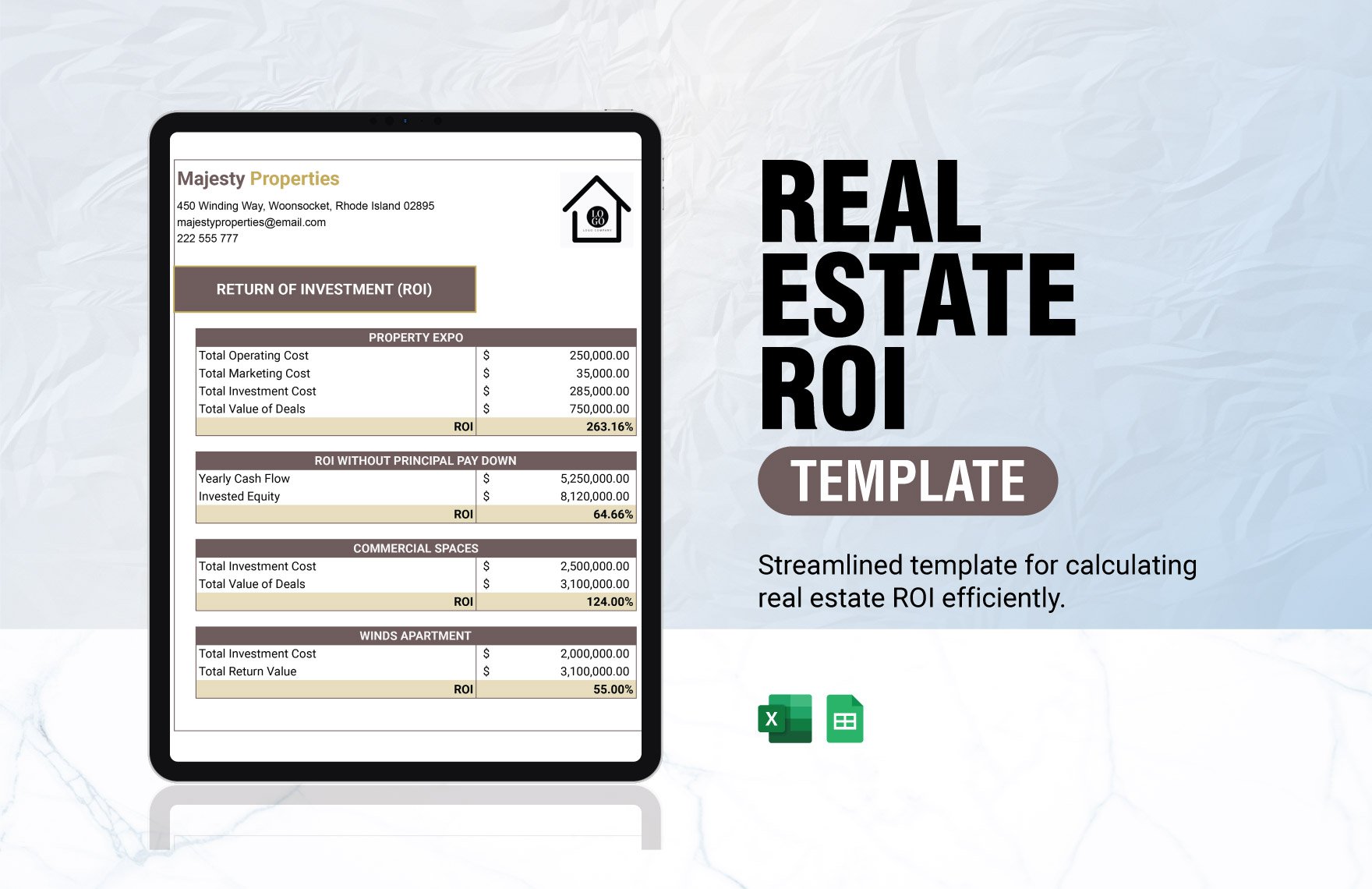 Real Estate ROI Template in Excel, Google Sheets
