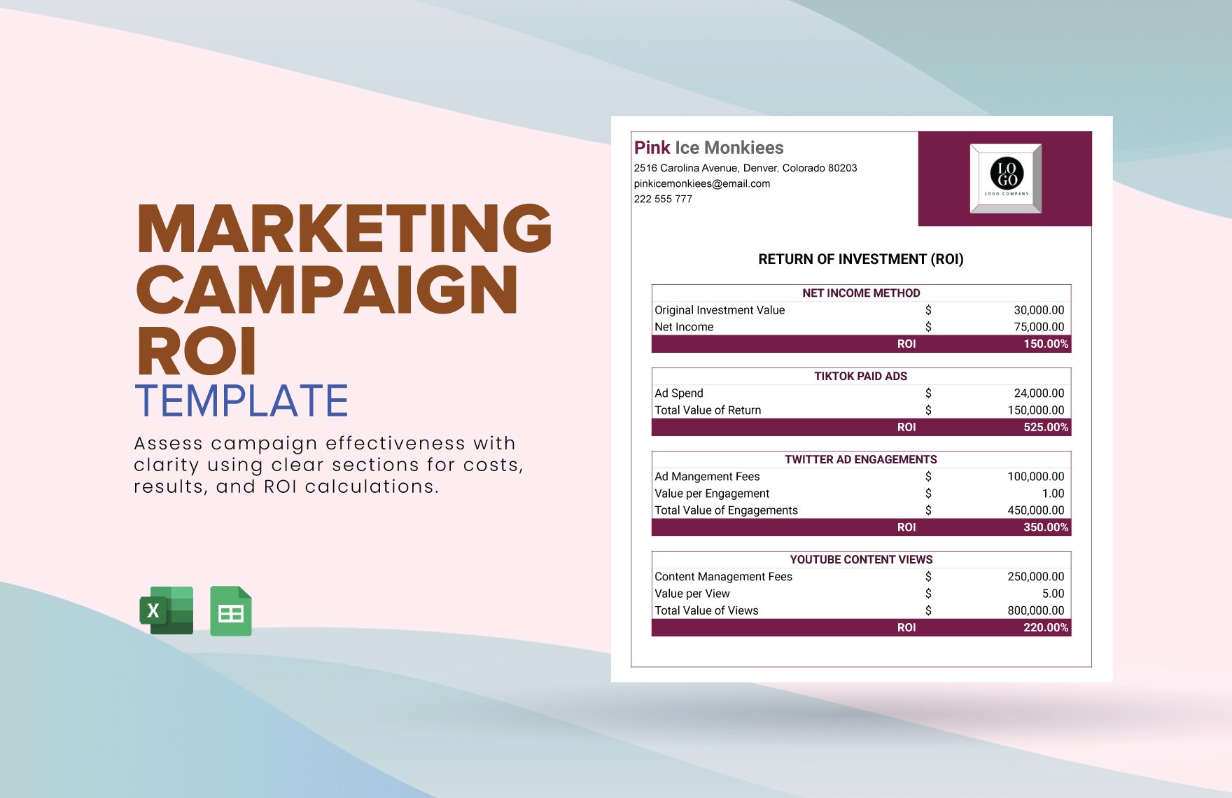 Marketing Campaign ROI Template in Excel, Google Sheets