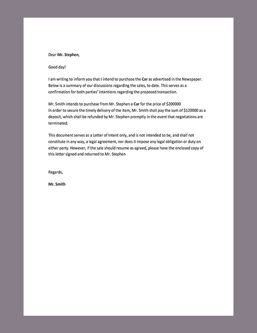 Letter Template of Intent for Purchase