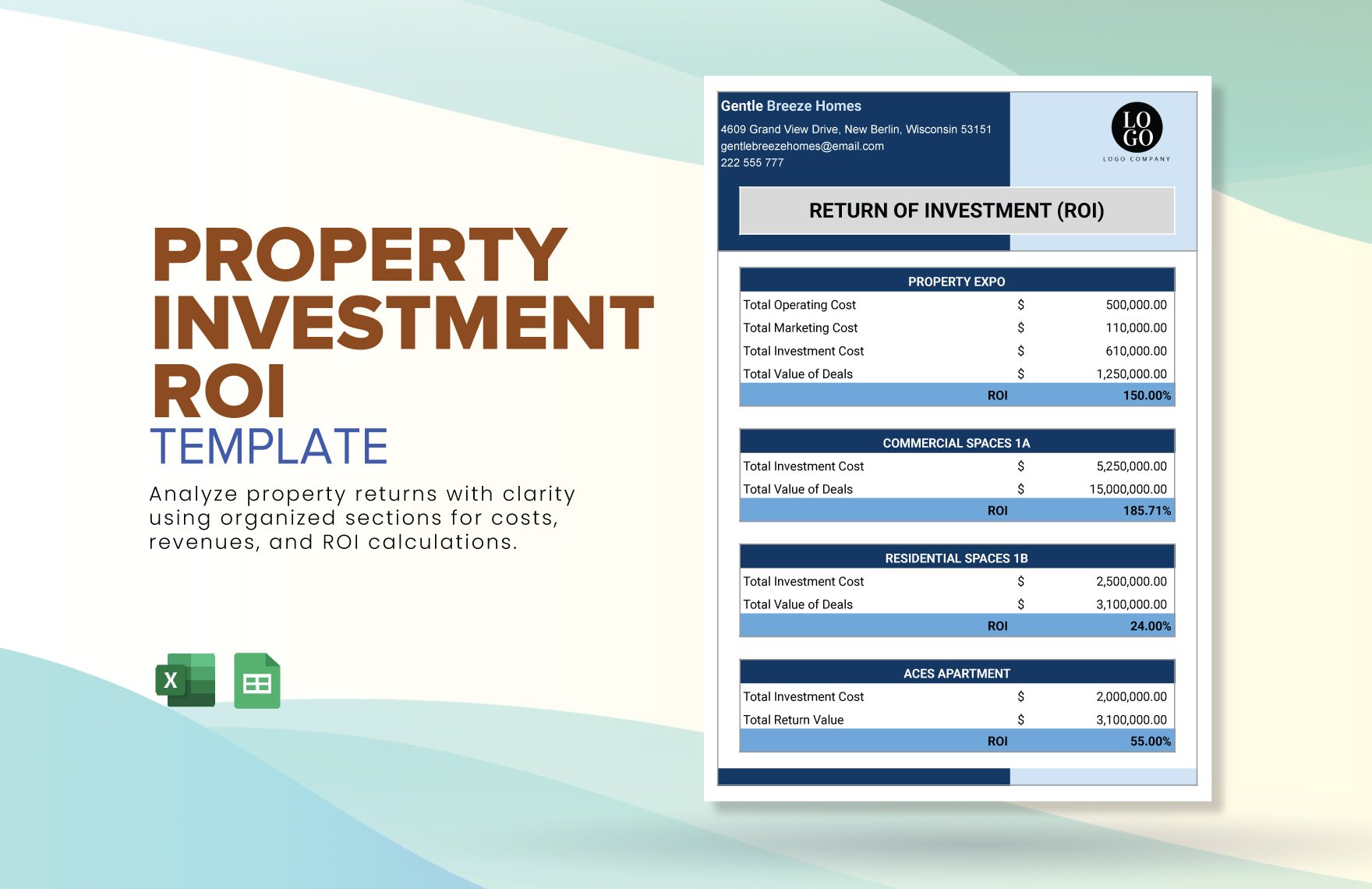 Property Investment ROI Template in Excel, Google Sheets