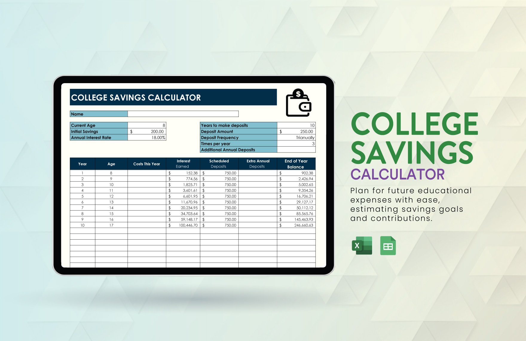 College Savings Calculator in Excel, Google Sheets
