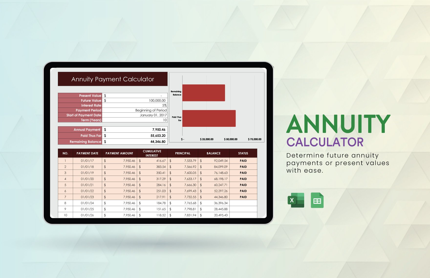 Annuity Calculator in Excel, Google Sheets