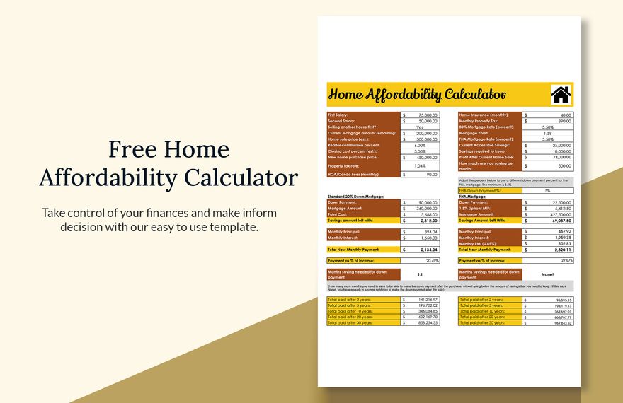 Free Home Affordability Calculator Google Sheets, Excel