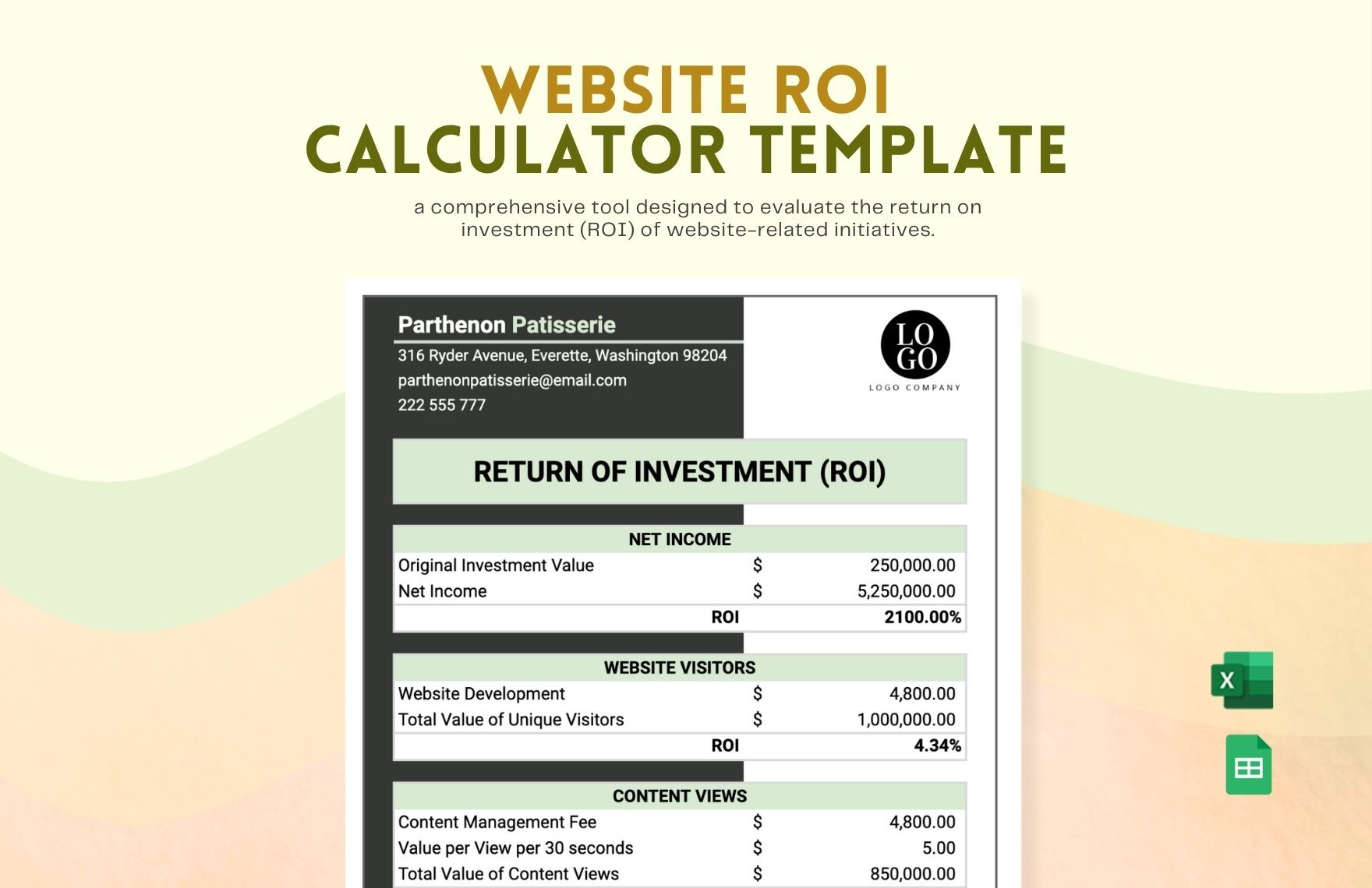 Website ROI Calculator Template in Excel, Google Sheets
