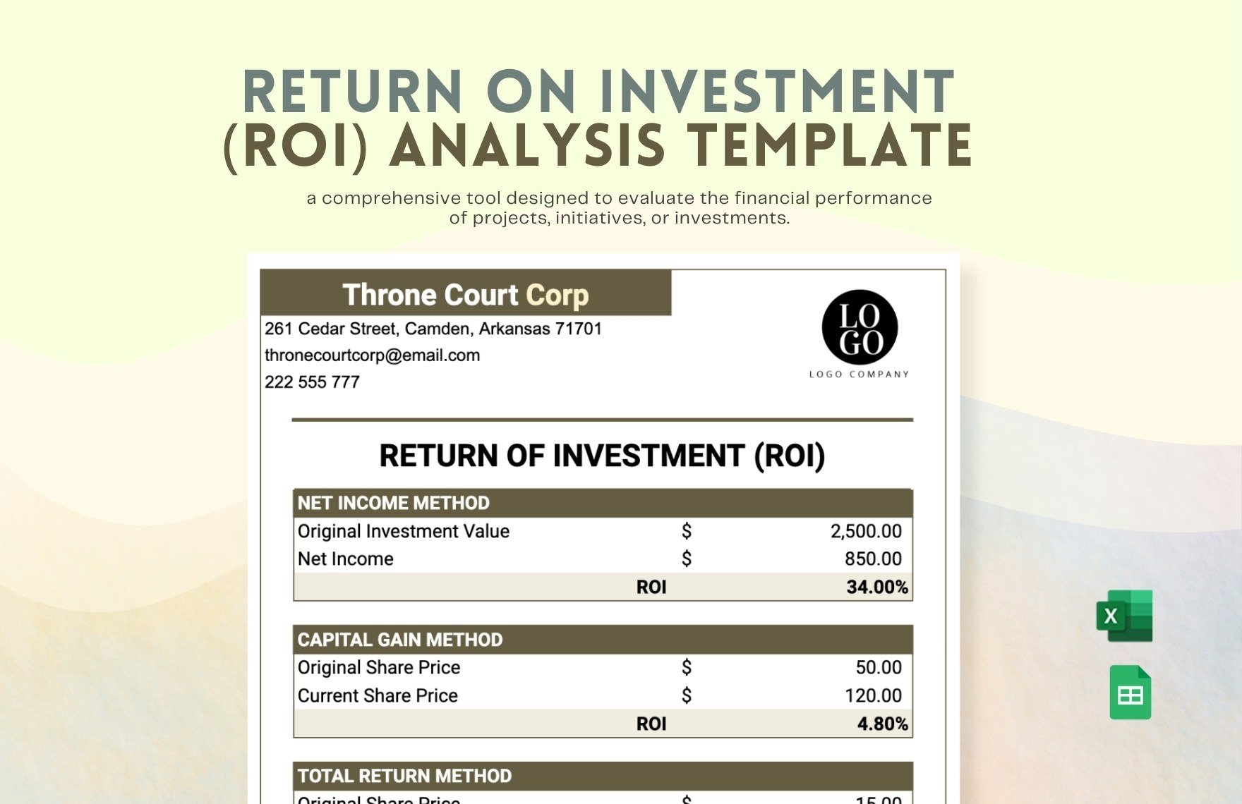 Return On Investment (ROI) Analysis Template in Excel, Google Sheets