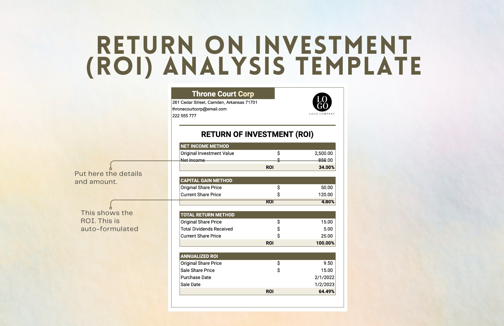 Return On Investment (ROI) Analysis Template