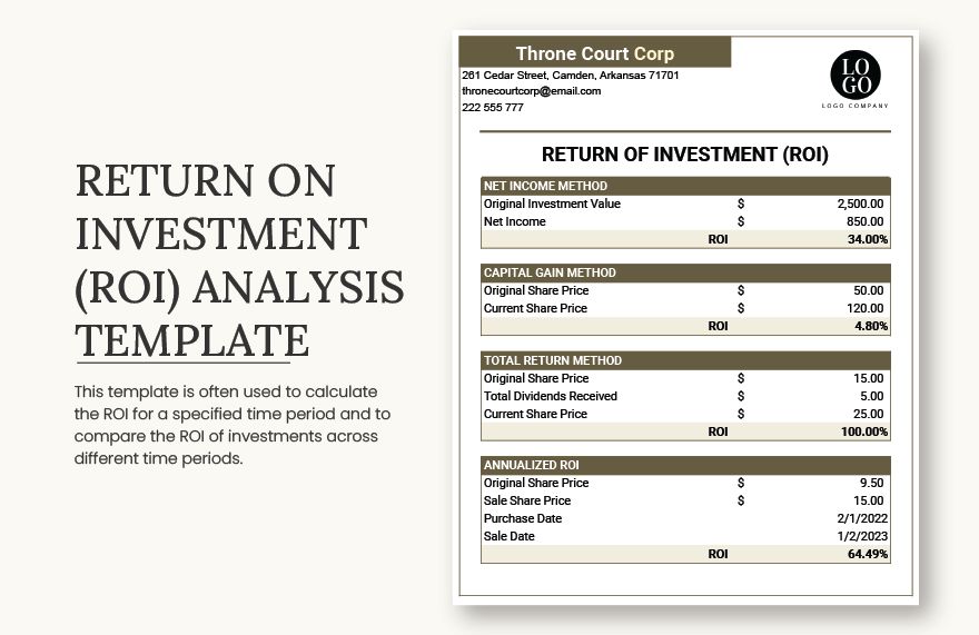 Return On Investment (ROI) Analysis Template in Excel Google Sheets