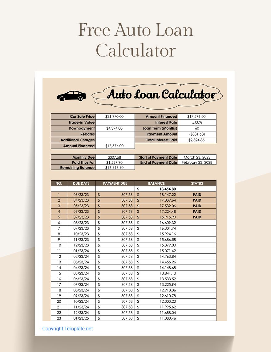 Free Auto Loan Calculator Google Sheets Excel Template