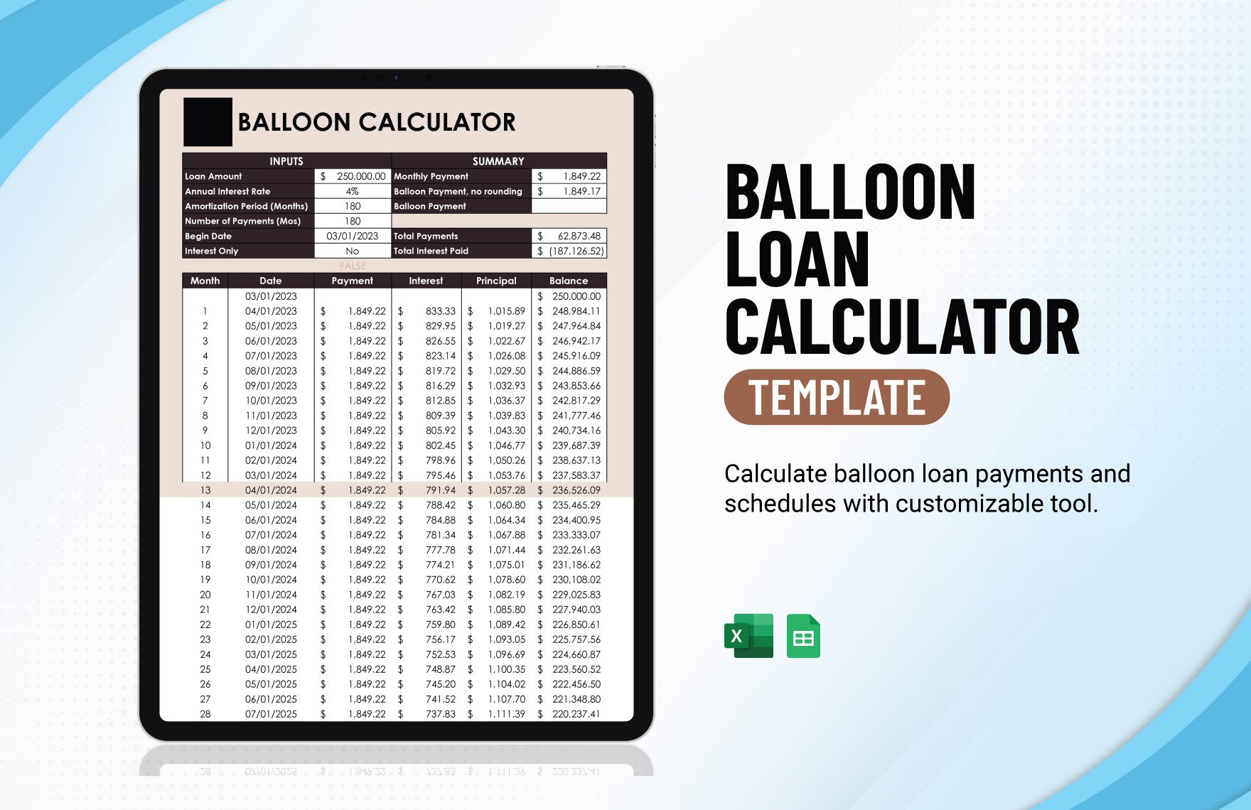 Free Balloon Loan Calculator in Excel, Google Sheets