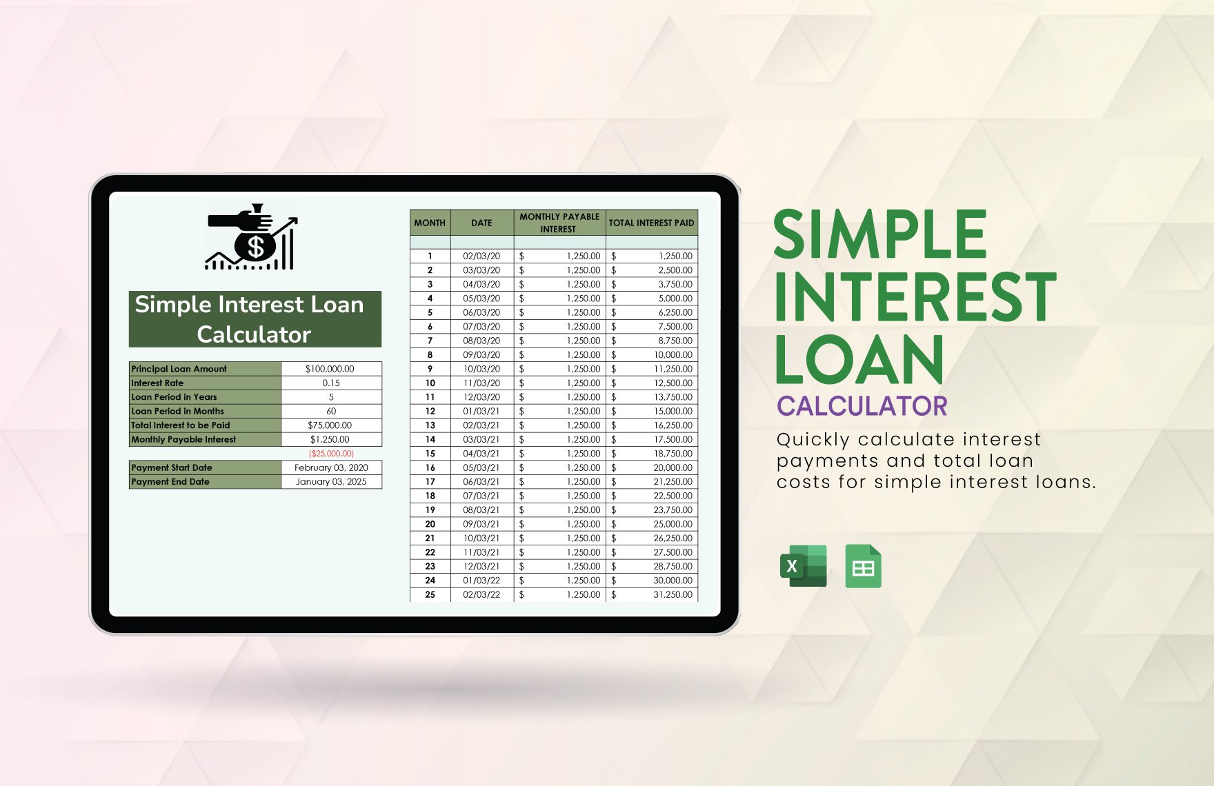 Free Simple Interest Loan Calculator in Excel, Google Sheets