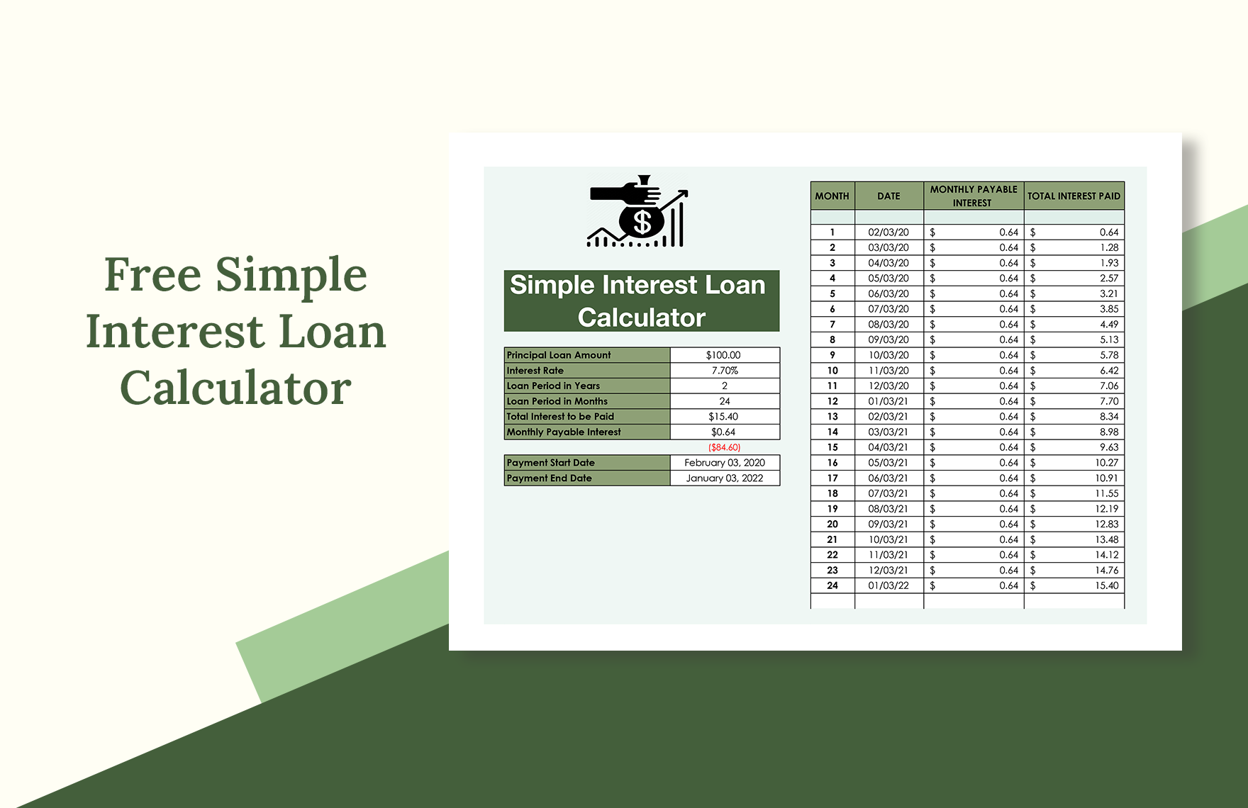 Free Simple Interest Loan Calculator in Excel, Google Sheets