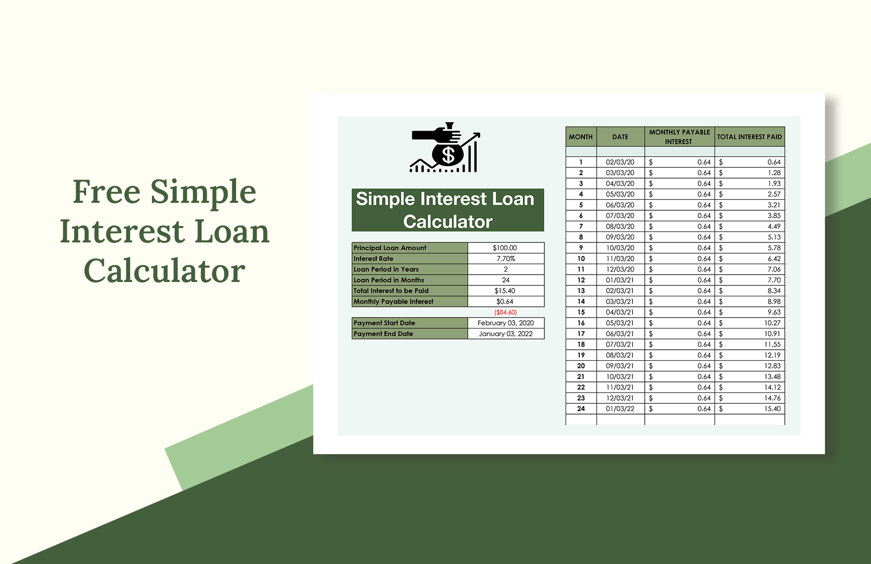 Simple Interest Loan Calculator in Excel, Google Sheets - Download | Template.net