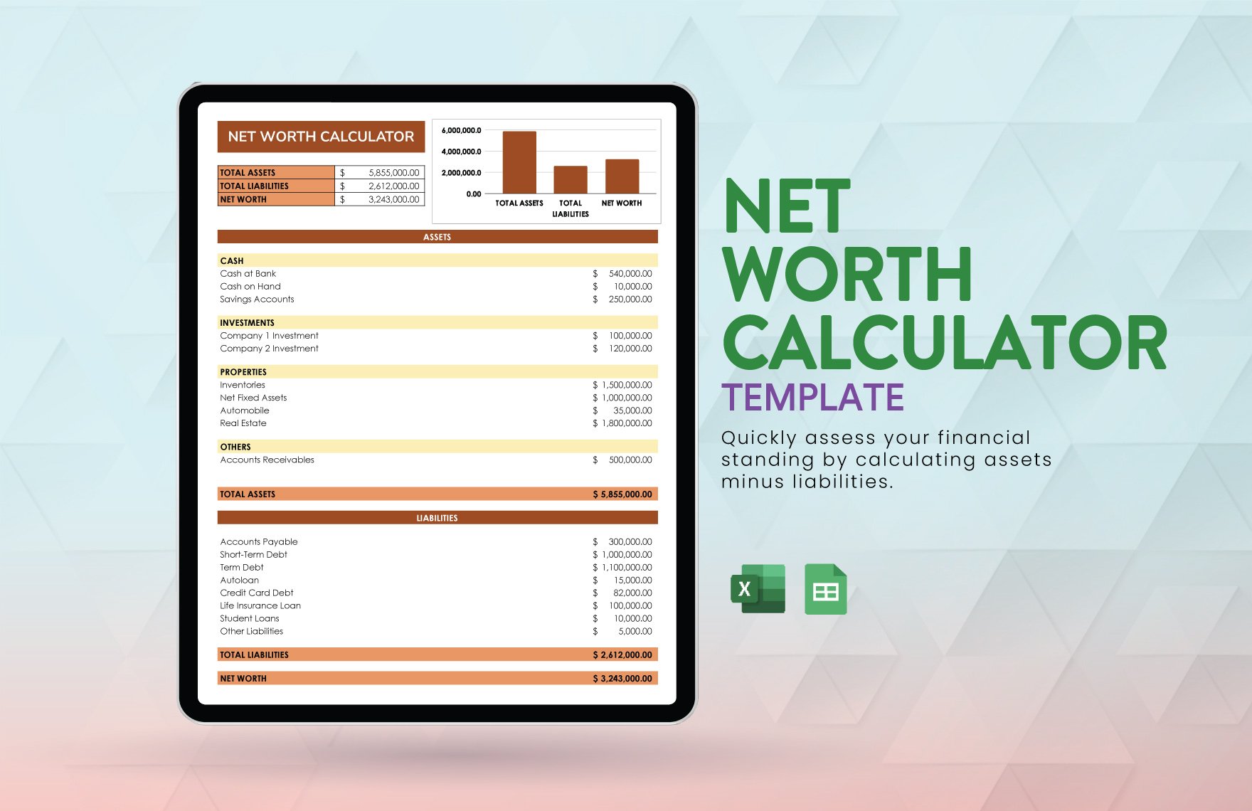 Free Net Worth Calculator in Excel, Google Sheets