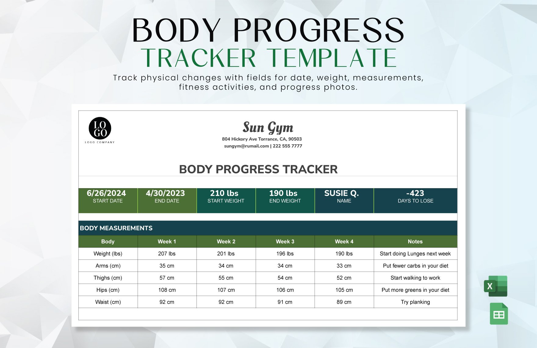 Body  Progress Tracker Template in Excel, Google Sheets