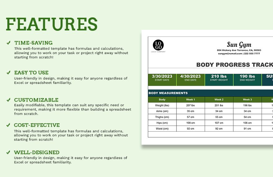 Body Progress Tracker Templates - Google Sheets, Excel | Template.net