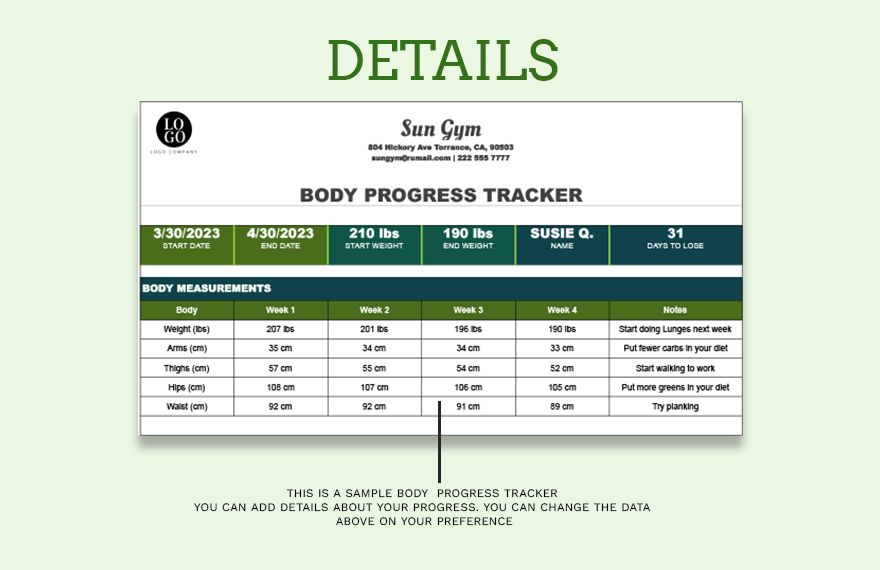 Body Progress Tracker Templates - Google Sheets, Excel | Template.net