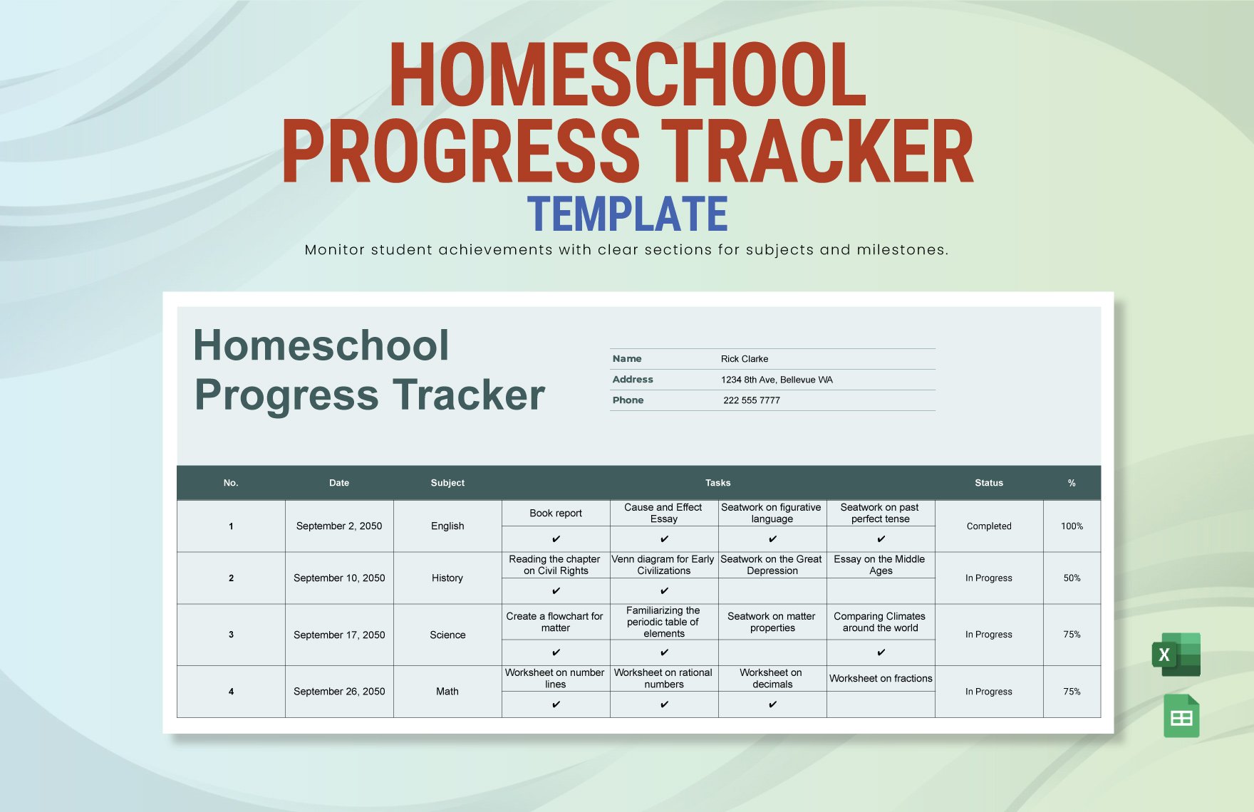 Free Home School Progress Tracker in Excel, Google Sheets