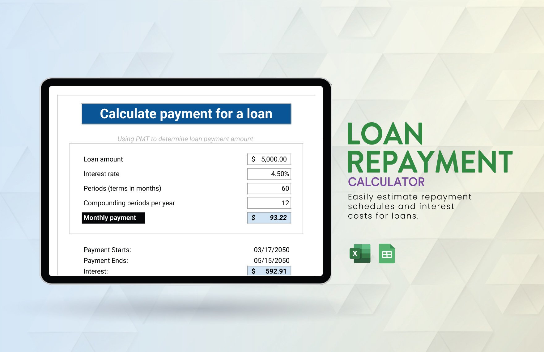 Loan Repayment Calculator in Excel, Google Sheets