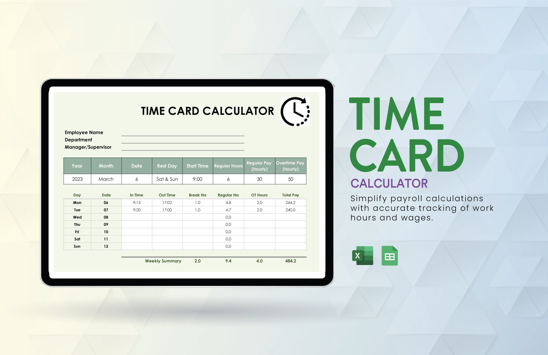 Time Card Calculator in Excel, Google Sheets