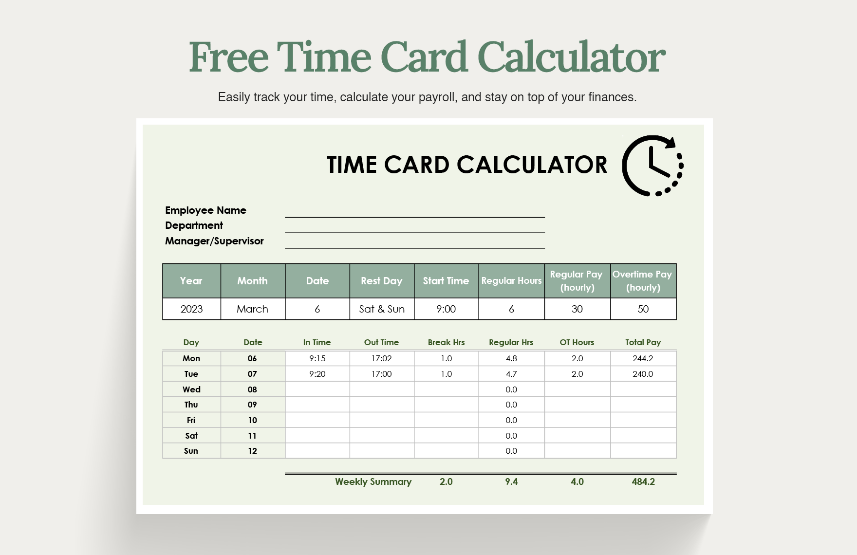 Free Time Card Calculator in Excel, Google Sheets
