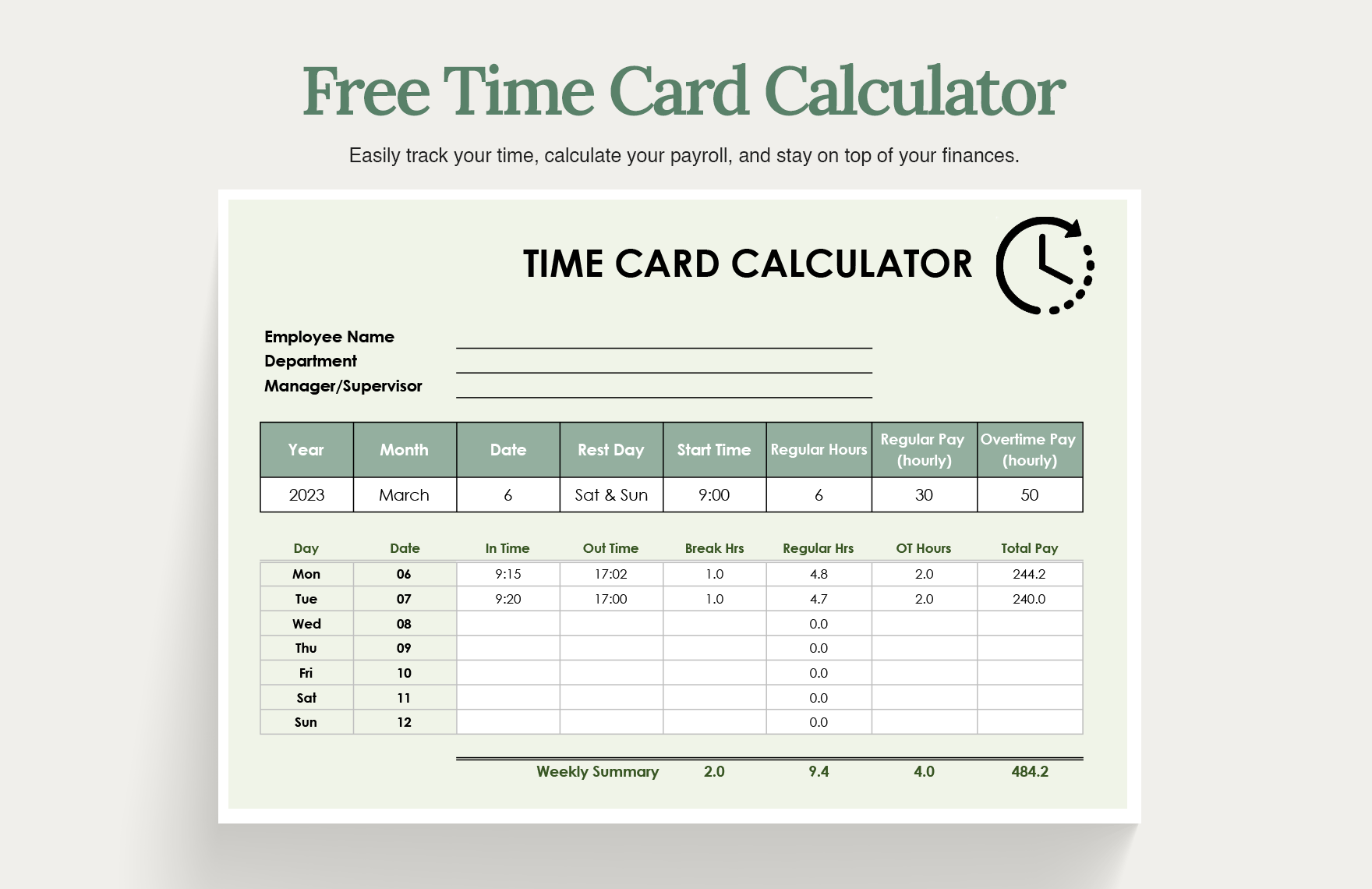 Time Card Calculator in Excel, Google Sheets - Download | Template.net