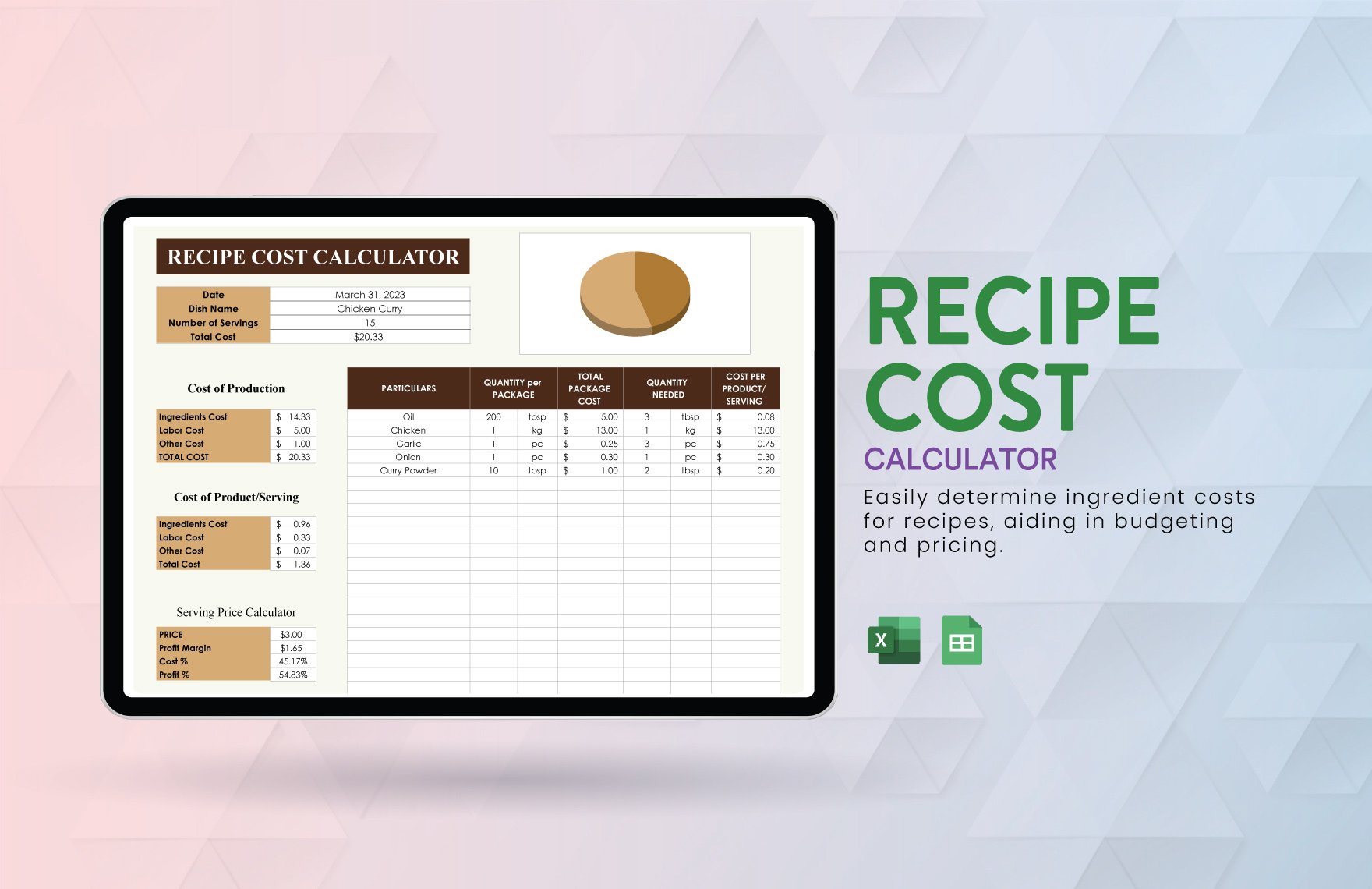 Recipe Cost Calculator in Excel, Google Sheets