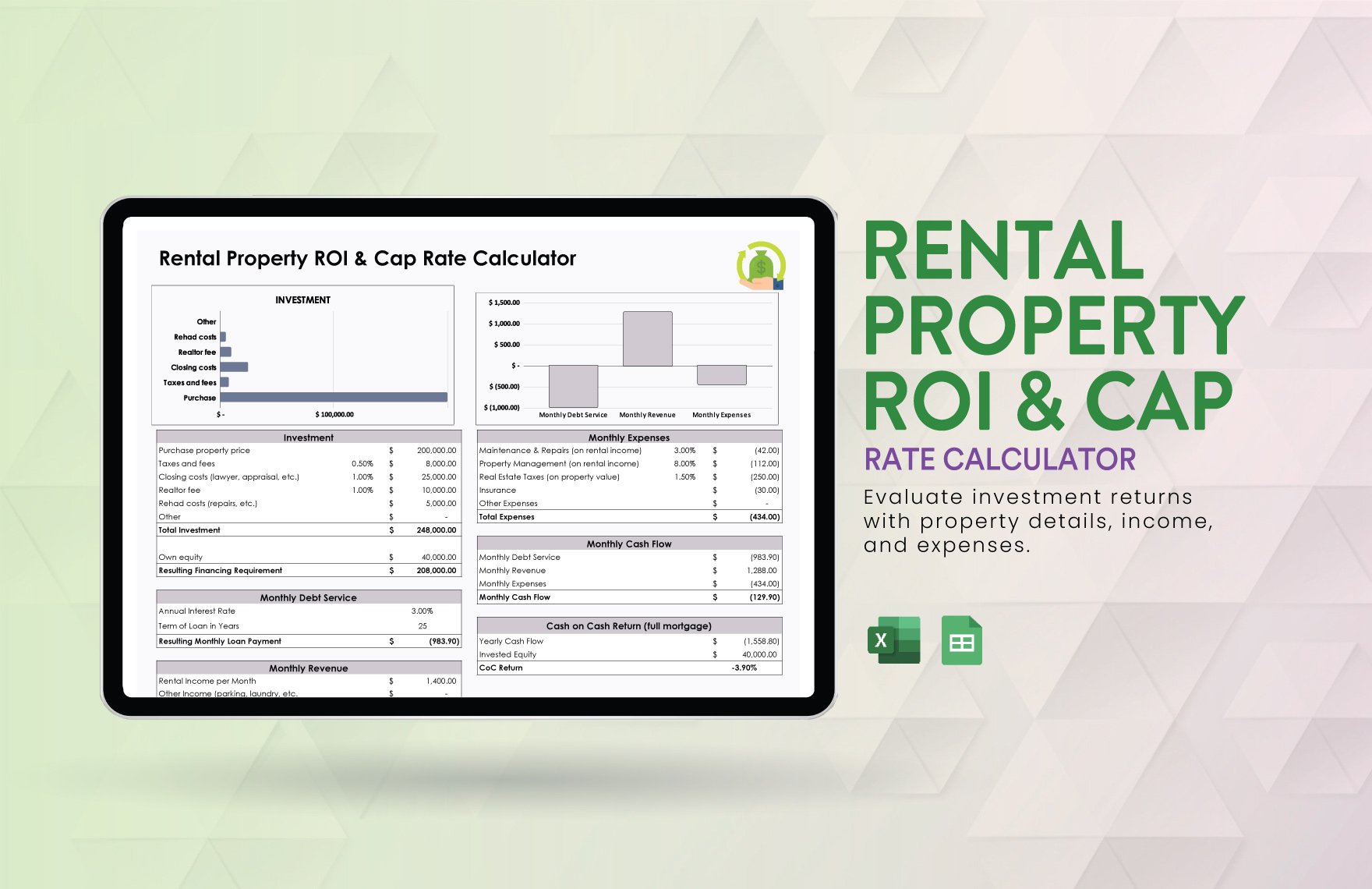 Rental Property ROI & Cap Rate Calculator in Excel, Google Sheets