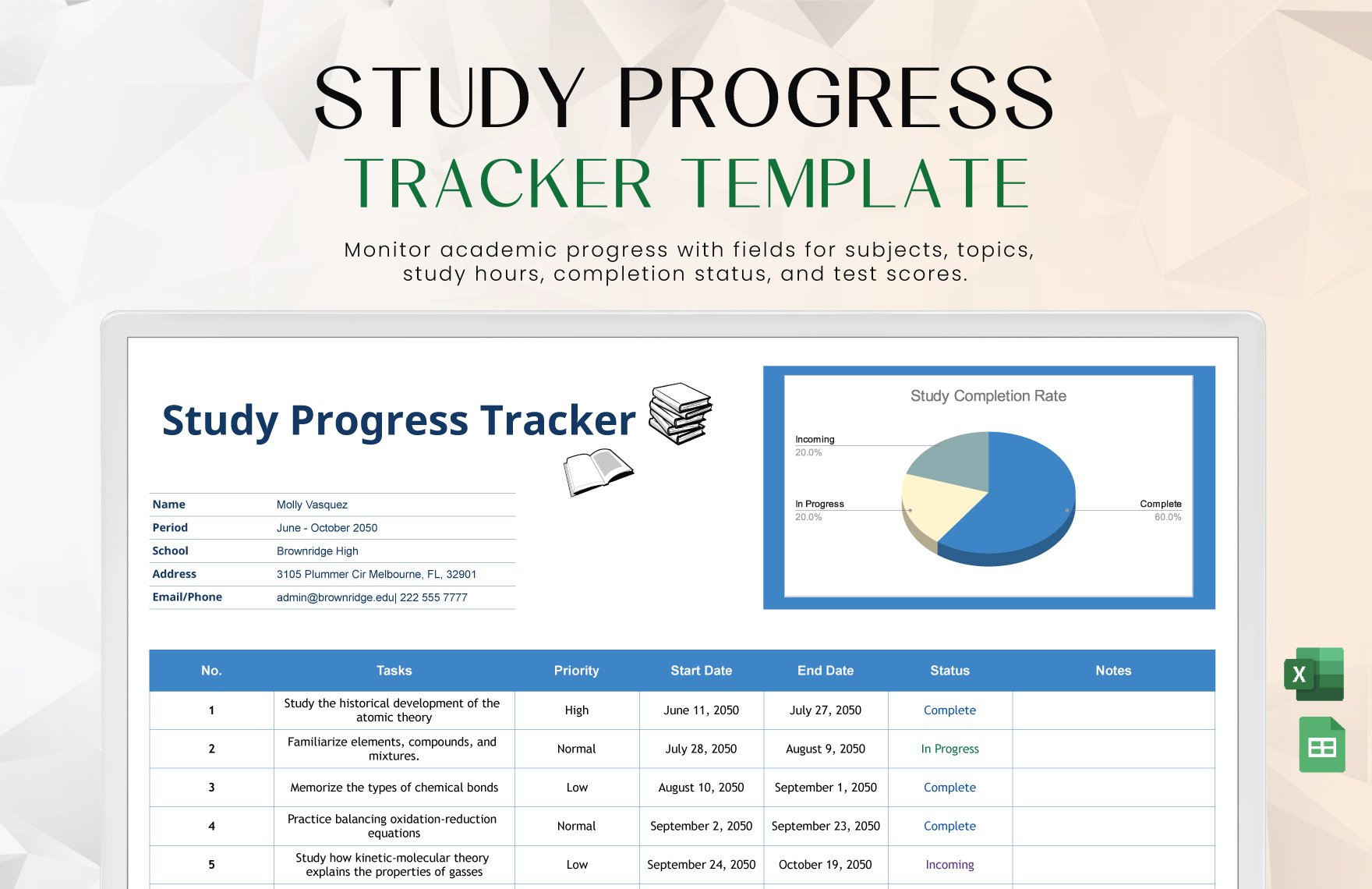 Study Progress Trackers Template in Excel, Google Sheets
